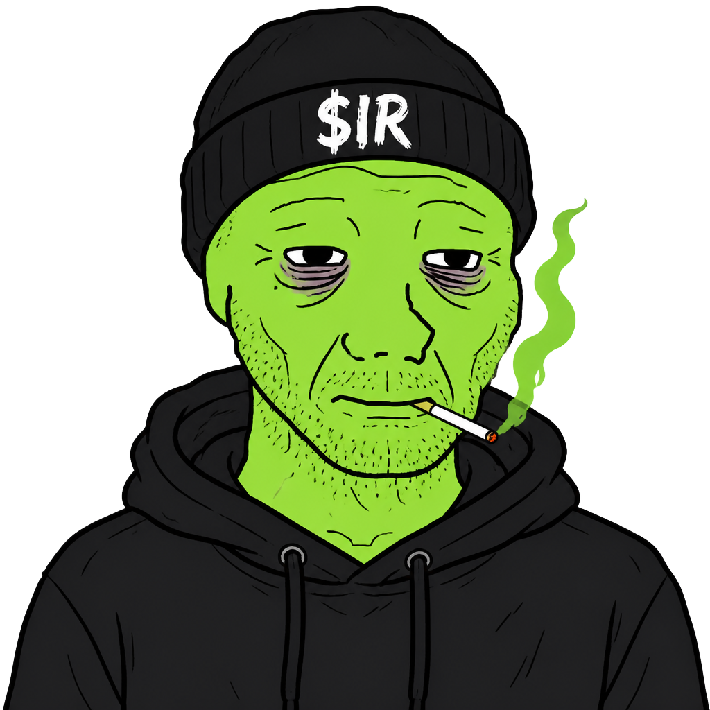Infinite Runner mascot — tired green wojak in $IR beanie